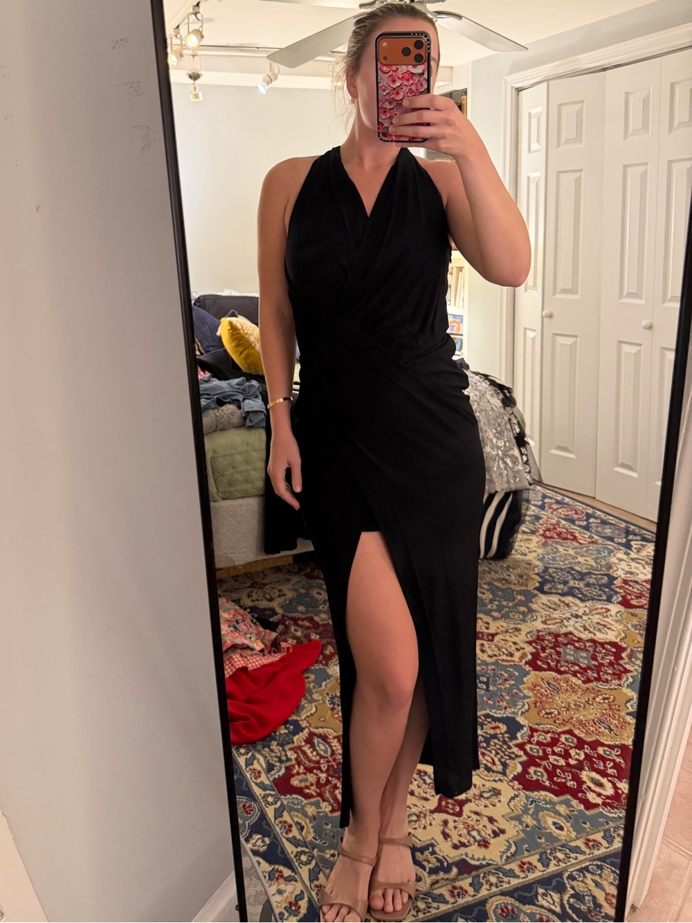 Haute Hippie Black Halter Wrap Midi Dress with Front Slit
